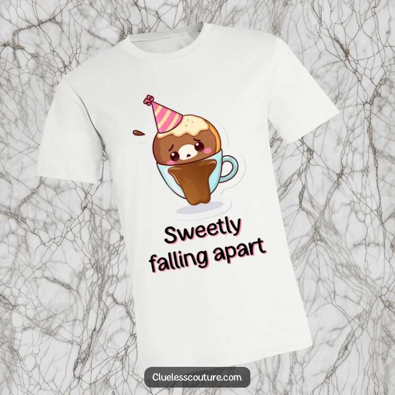 Funny t-shirt print of a confused donut in a party hat falling into a coffee cup, celebrating morning mishaps.