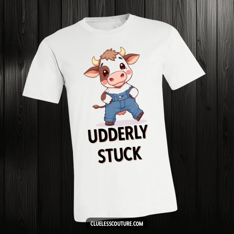 Funny t-shirt featuring a bewildered cow in distress, hilariously failing to put on a pair of skinny jeans, a comical farm animal scene.