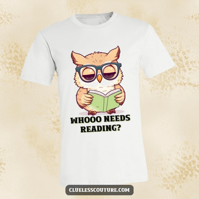 Funny owl t-shirt featuring a confused owl wearing spectacles, squinting at a tiny book, ideal for witty intellectuals.