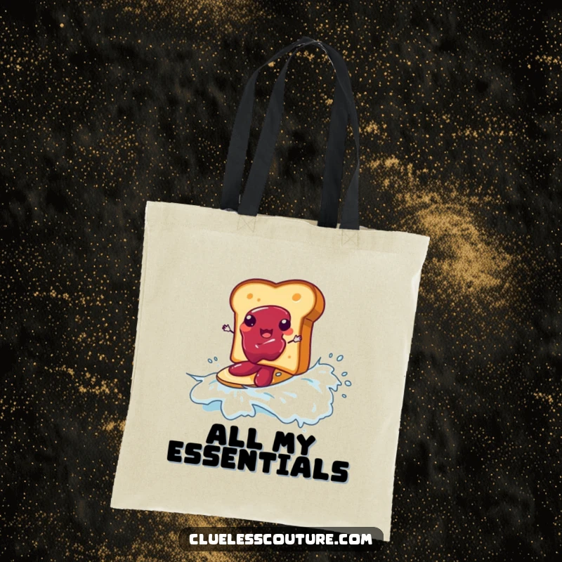 Funny tote bag showcasing a piece of toast surfing on a wave of jam, perfect for carrying items with humor.