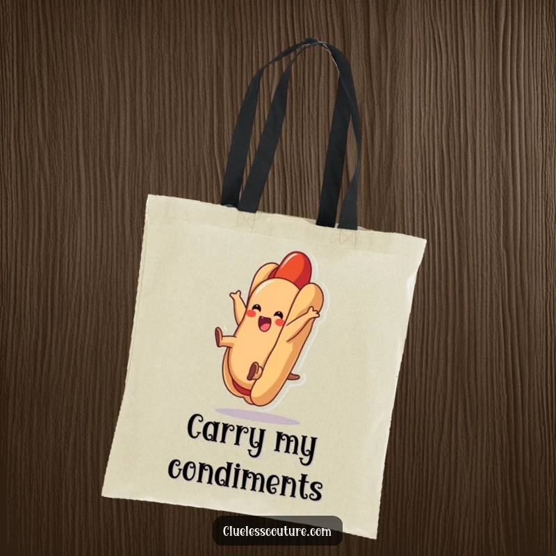 Funny hot dog tote bag illustrated with a delighted hot dog performing a cartwheel inside a bun, perfect for carrying everyday items.