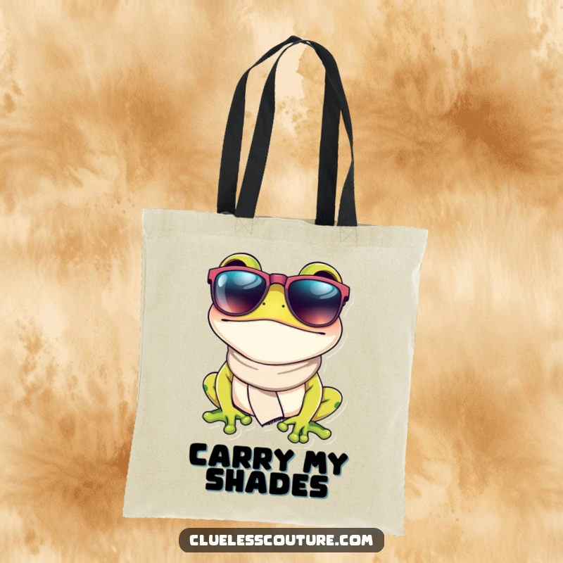 Funny tote bag with a fashionable frog wearing oversized sunglasses and a small scarf, a chic and humorous accessory for carrying essentials.
