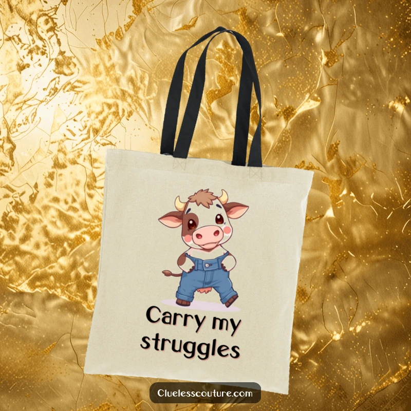 Funny tote bag depicting a bewildered cow hilariously attempting to wear skinny jeans, a humorous and practical accessory for daily use.