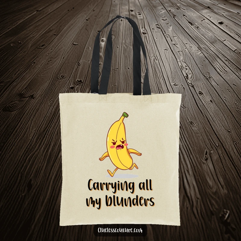 Funny banana character tripping over its peel while running, a durable and humorous tote bag.