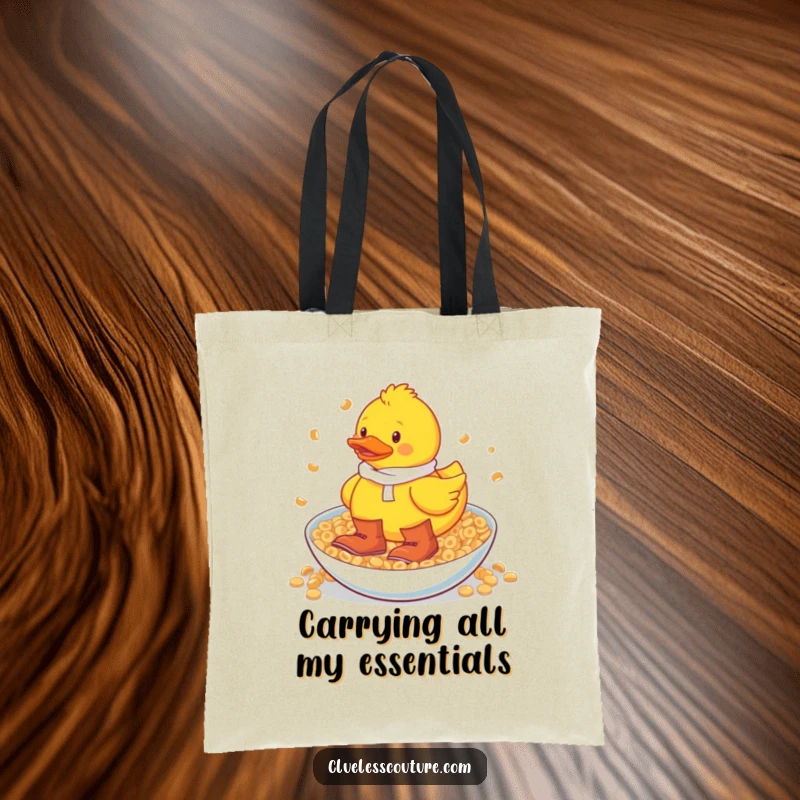 Funny rubber duck wearing large boots wading through a giant cereal bowl on a durable tote bag for shopping.