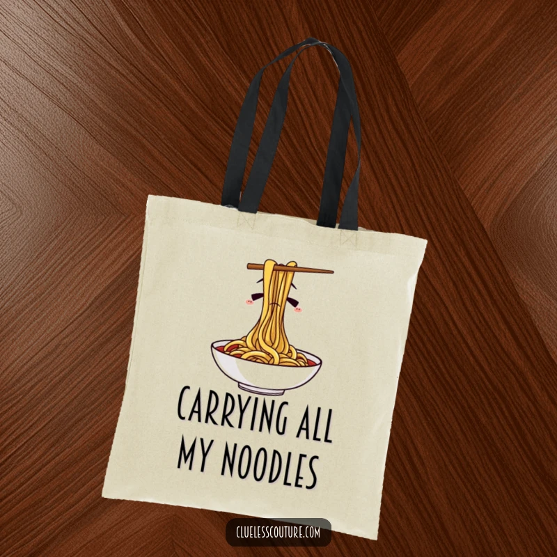 Funny tote bag featuring confused chopsticks attempting to eat spaghetti, a humorous and practical accessory for daily use.