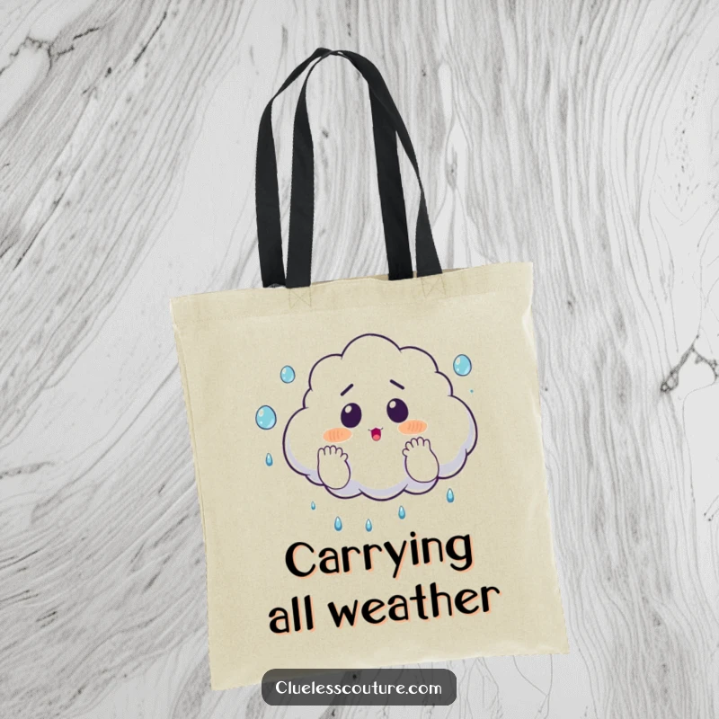 Funny tote bag showing a surprised cloud comically juggling raindrops with its hands, great for carrying items with a weather theme.