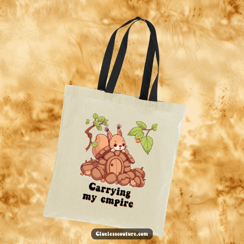 Funny tote bag showcasing a squirrel's amusing attempt at building a house using oversized acorns, a charmingly chaotic scene.