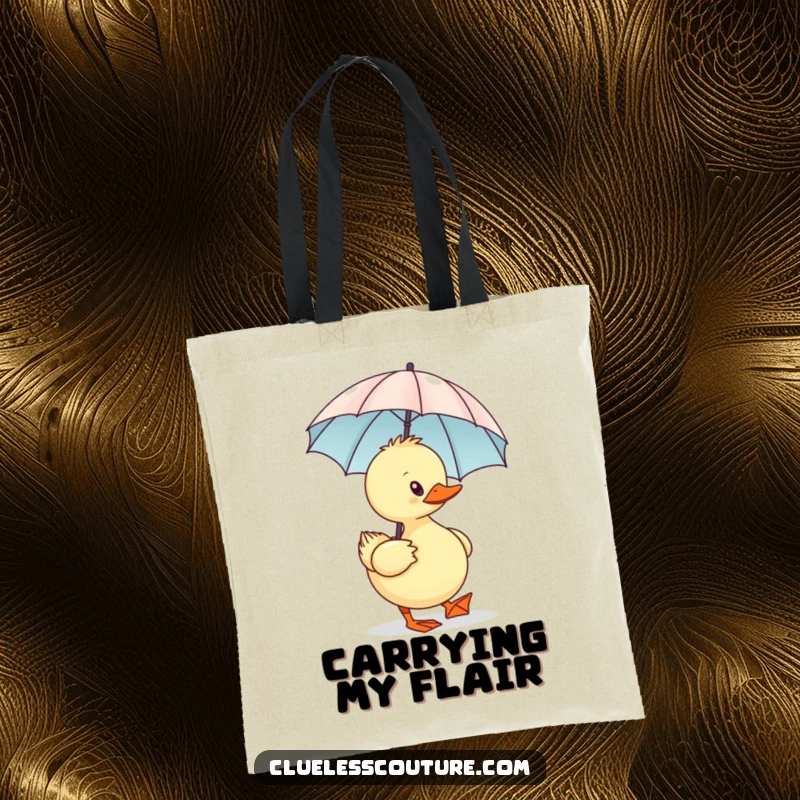 Funny Sassy Duck Tote Bag, waddling stylishly with a minuscule designer umbrella, a humorous and chic accessory.