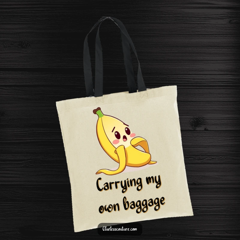 Funny tote bag featuring a surprised banana peel character comically slipping, a classic gag for everyday use, a funny gift.