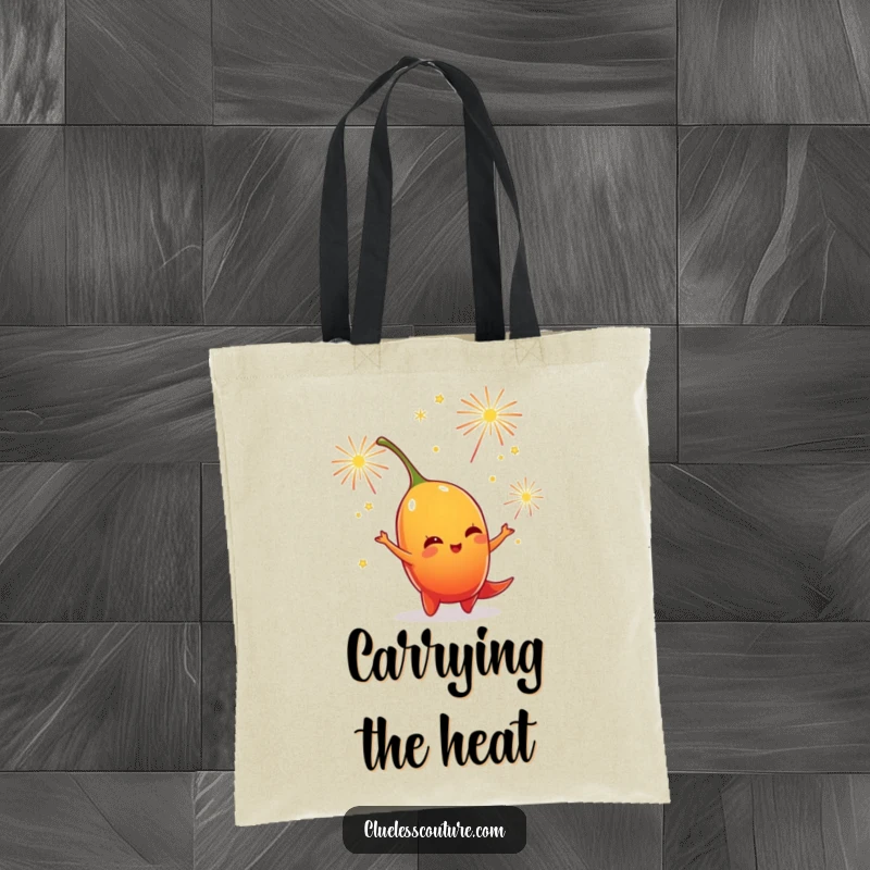 Funny tote bag showcasing a playful chili pepper character juggling small, dazzling fireworks, perfect for carrying party essentials.