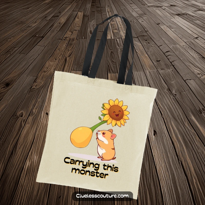 Funny hamster tote bag showing a hamster attempting to lift a gigantic sunflower seed, perfect for carrying items with fitness humor.