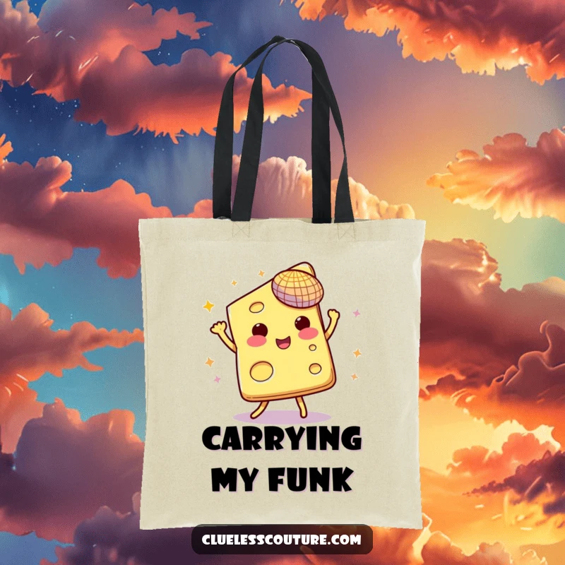 Funny tote bag depicting a slice of cheese dancing energetically beneath a miniature disco ball.