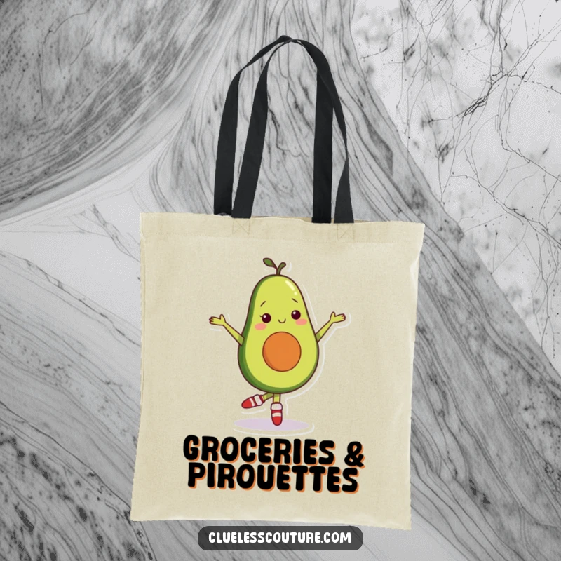 Funny tote bag with a shy avocado character wearing mismatched socks, attempting a ballet pose, for stylish errands.