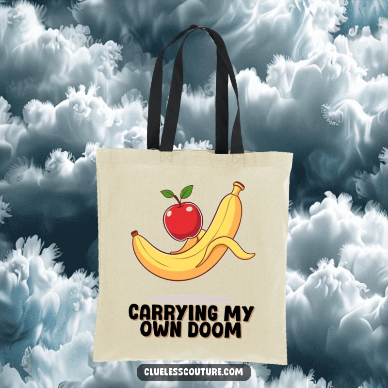 Funny Tote Bag: A banana peel comically slips, sending an apple flying, a humorous scene for everyday use.