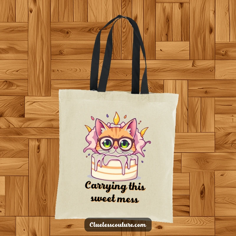 Funny bewildered cat wearing oversized spectacles peeking from behind a giant, exploding cake, a humorous scene on this practical and funny tote bag.