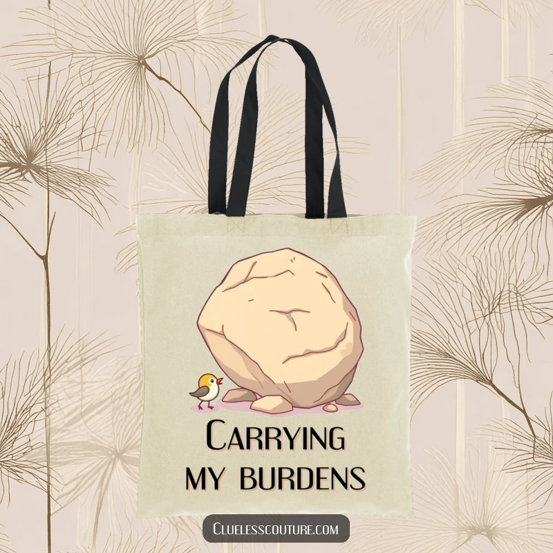 Funny tote bag illustrating a small bird's comical, determined effort to push a giant boulder up a steep incline.