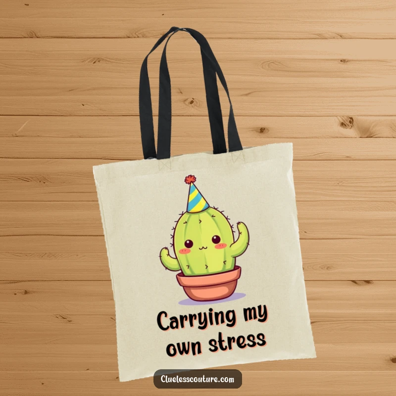 Funny tote bag with an overwhelmed cactus in a party hat, symbolizing a need for personal space, a perfect funny gift.