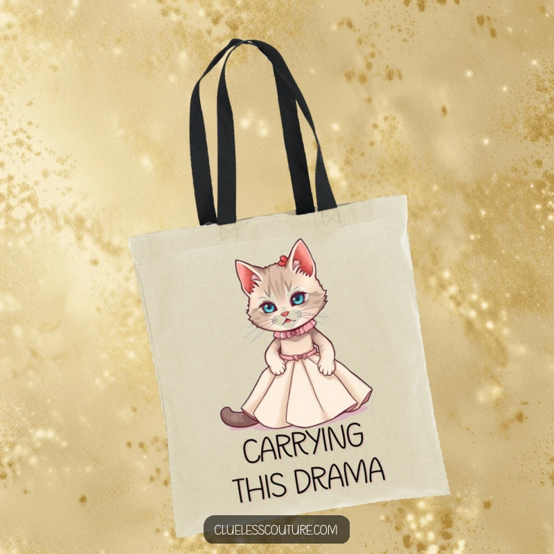 Funny tote bag with a cat struggling to fit into a miniature couture gown, for stylishly humorous everyday use.