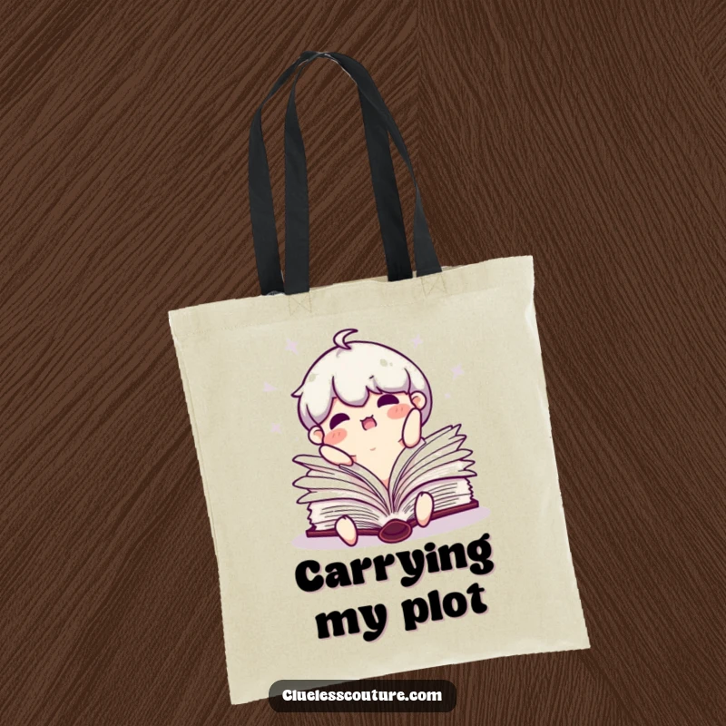Funny tote bag with a clumsy book character falling open and pages flailing about.