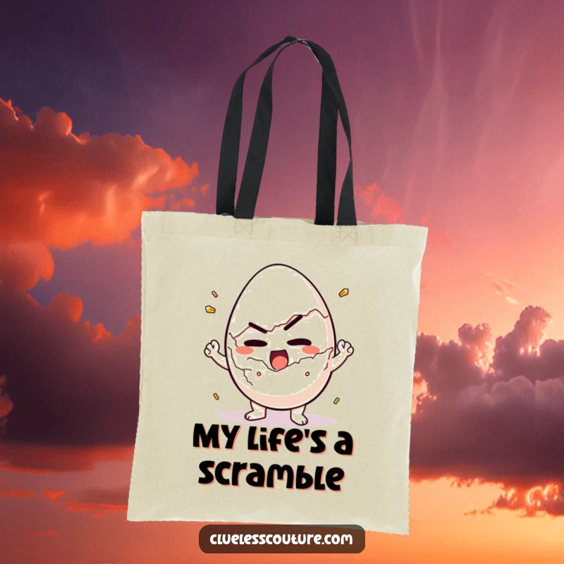 Funny tote bag with a determined egg character struggling to crack itself open, a humorous breakfast-themed accessory.