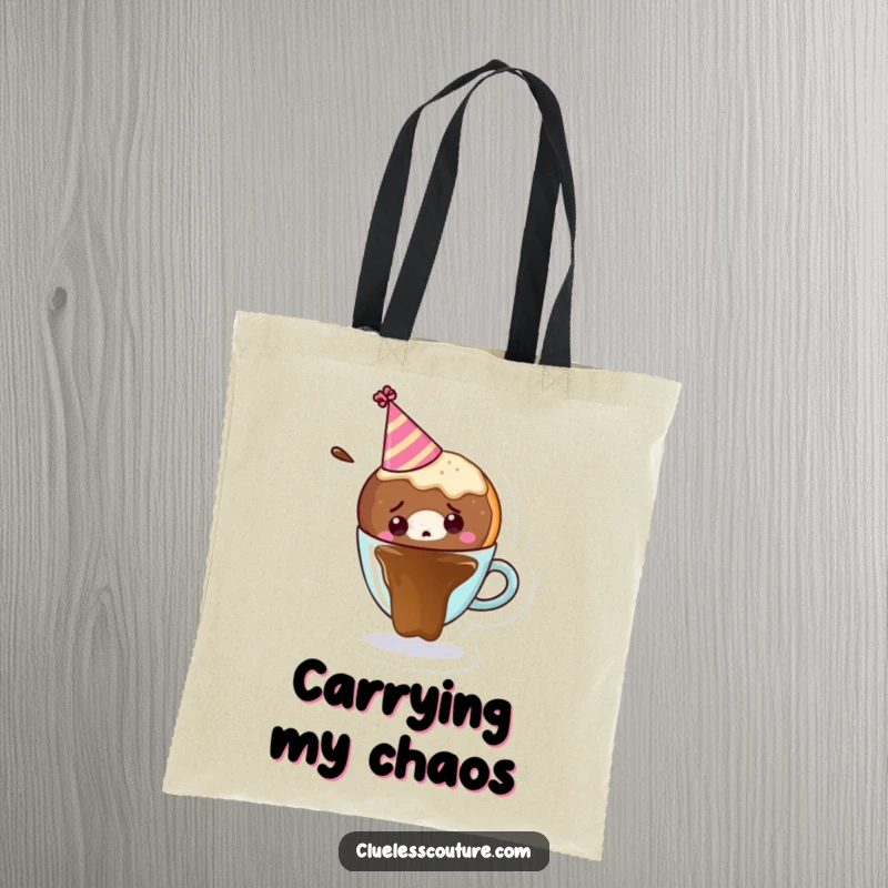 Funny tote bag with a confused donut in a party hat falling into a coffee cup, for stylish grocery runs.