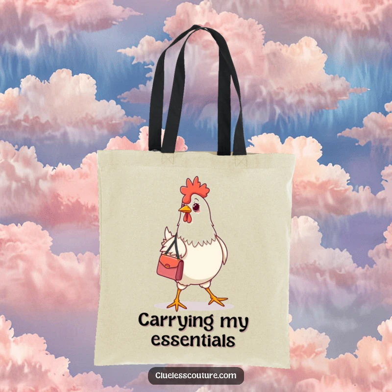 Funny chicken wearing a designer handbag, strutting on a durable tote bag, fashion-forward accessory.