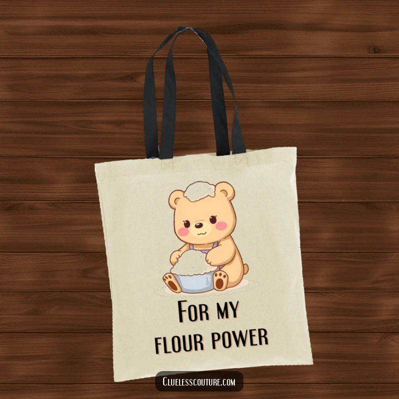 Funny tote bag featuring a bear covered head-to-toe in flour, a comical illustration for everyday use.