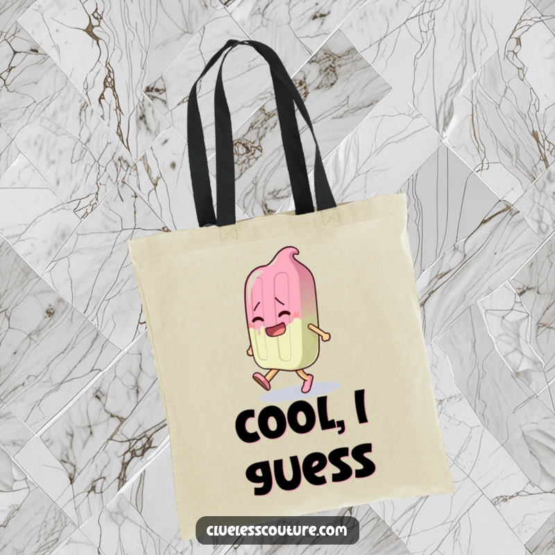 Funny tote bag featuring a melting popsicle character dramatically attempting to walk, illustrating a humorous and awkward situation.