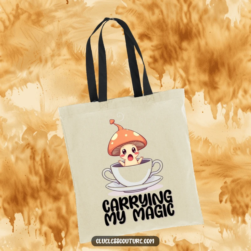 Funny tote bag showcasing a surprised mushroom leaping from a teacup, leaving a steam trail, perfect for carrying items whimsically.