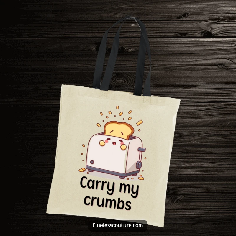 Funny tote bag showing a nervous toast popping out of a chaotic toaster with flying crumbs, perfect for carrying items with a humorous breakfast theme.