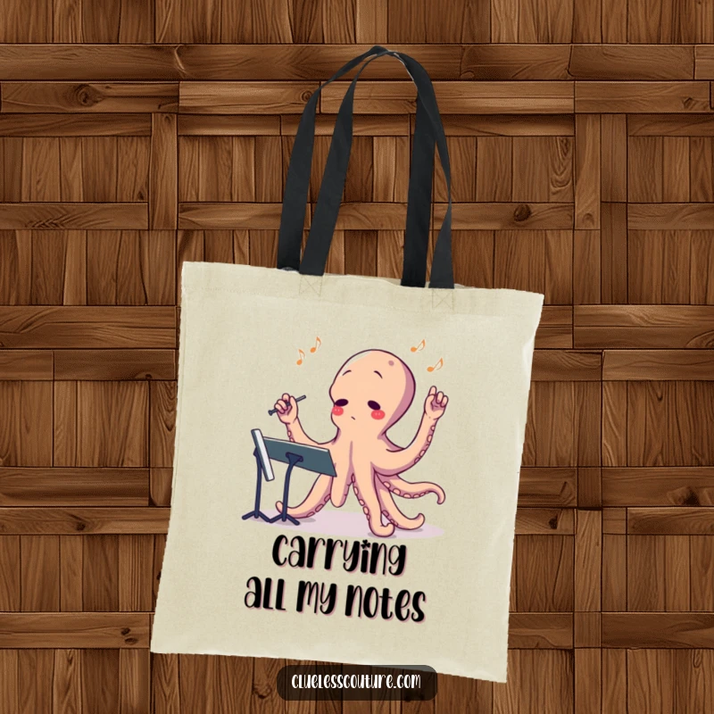 Funny tote bag showing a confused octopus attempting to conduct an orchestra with its many arms, a musical delight.