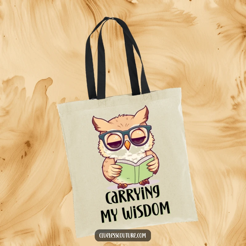 Funny owl tote bag illustrated with a confused owl wearing glasses, struggling to read a very small book.