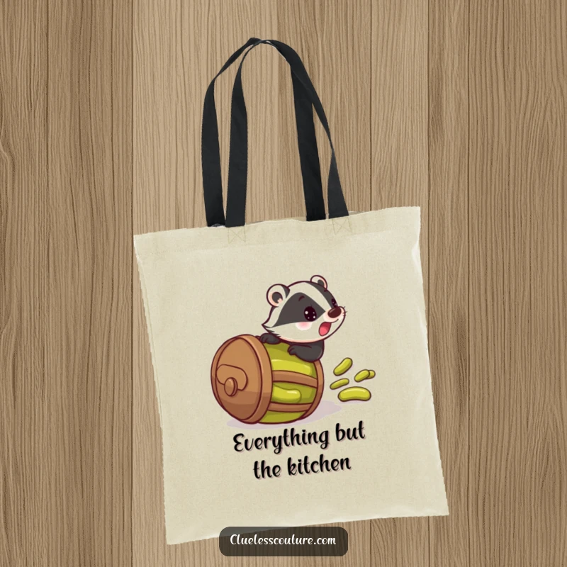 Funny tote bag showcasing a startled badger rolling downhill in a barrel of pickles, perfect for carrying items with humor.
