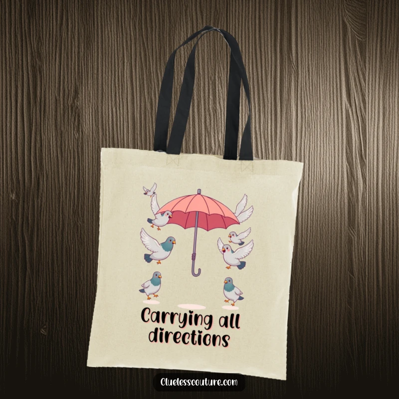 Funny surprised pigeons attempting to fly in opposite directions from a single, tiny umbrella, a humorous scene on this practical and funny tote bag.