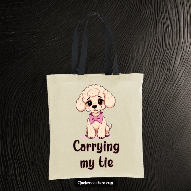 Funny tote bag with a confused poodle attempting to tie a cravat, for stylishly humorous everyday use.