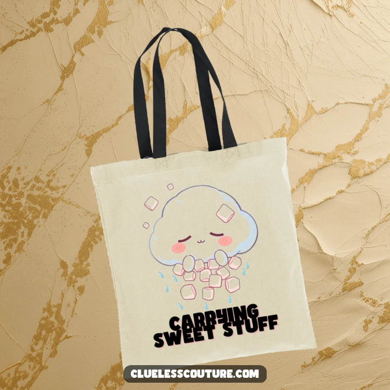 Funny tote bag with a sleepy anthropomorphic cloud character showering marshmallows instead of rain, perfect for carrying daily items with charm.