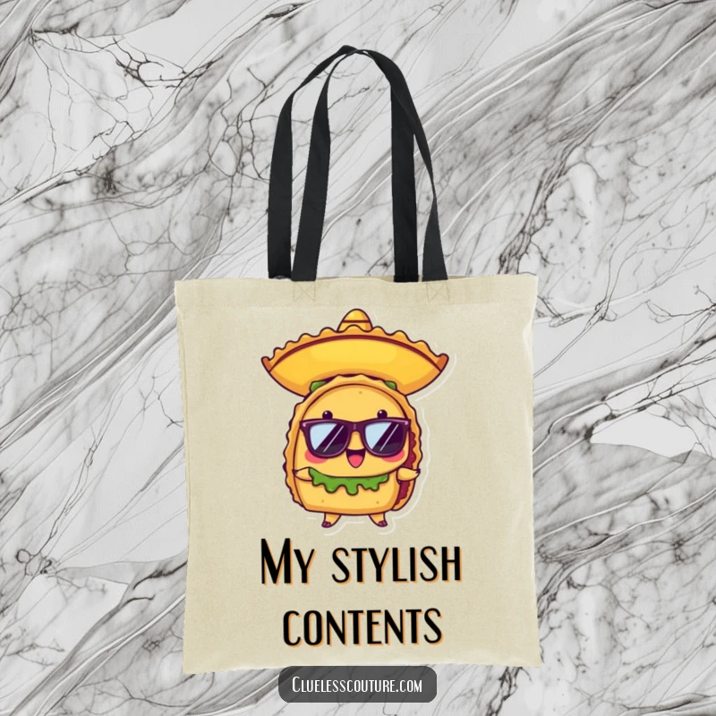 Funny tote bag with a proud anthropomorphic taco character adorned with a tiny sombrero and sunglasses, perfect for carrying goods in style.