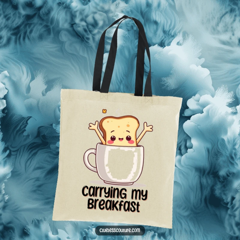 Funny tote bag featuring a sentient toast slice character comically falling into a coffee mug, perfect for carrying daily items with humor.