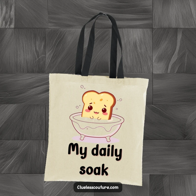 Funny tote bag with a bewildered piece of toast floating in a milk bath, a humorous and charming design for everyday use.