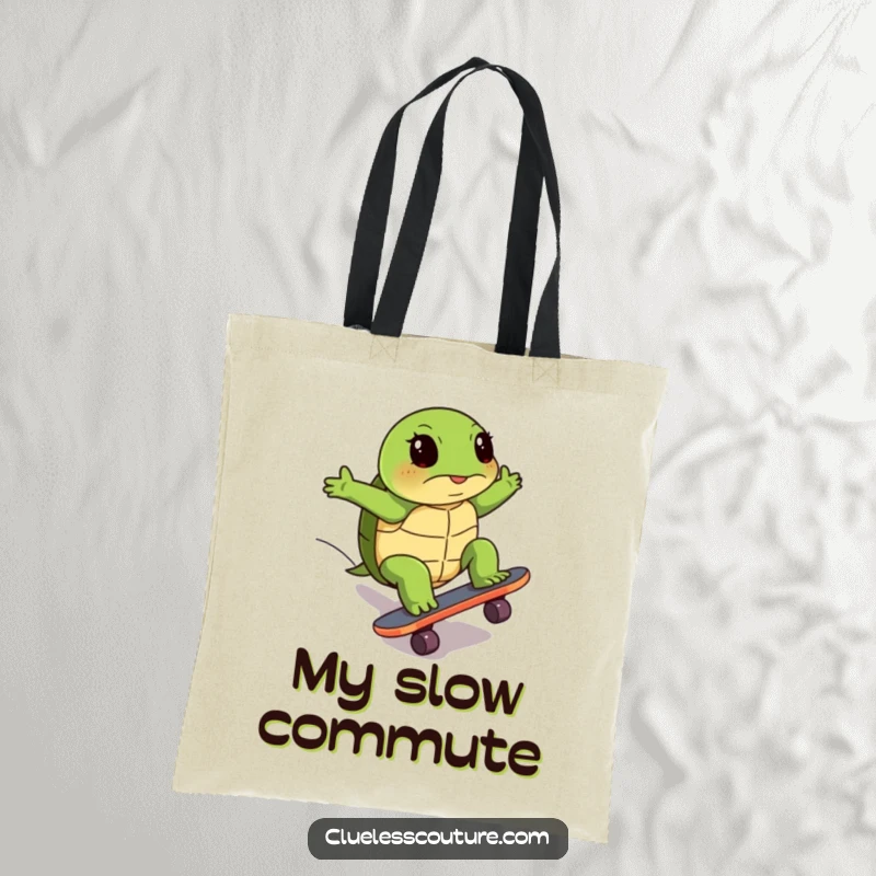 Funny tote bag depicting a turtle's comical, determined effort skateboarding uphill, a humorous accessory for carrying essentials.