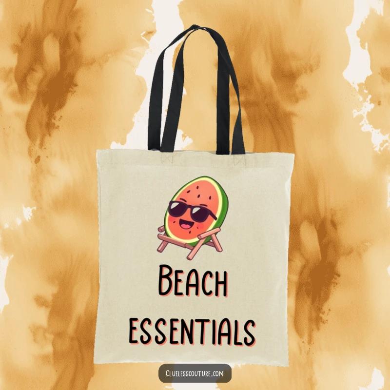Funny tote bag with a laughing watermelon slice wearing sunglasses on a tiny beach chair, a humorous accessory for sunny days.