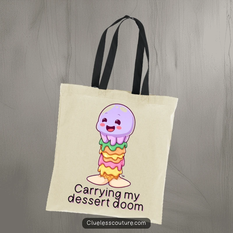 Funny wobbly jelly character attempting to balance on a stack of melting ice cream cones, printed on a durable tote bag.