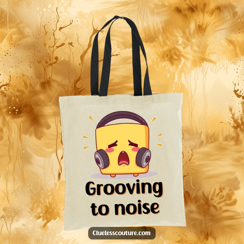 Funny tote bag featuring a startled cheese block wearing headphones, looking shocked at loud music, perfect for carrying groceries or gear.