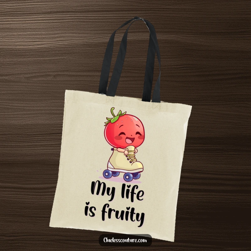 Funny giggling strawberry character riding a runaway roller skate, a durable and humorous tote bag.