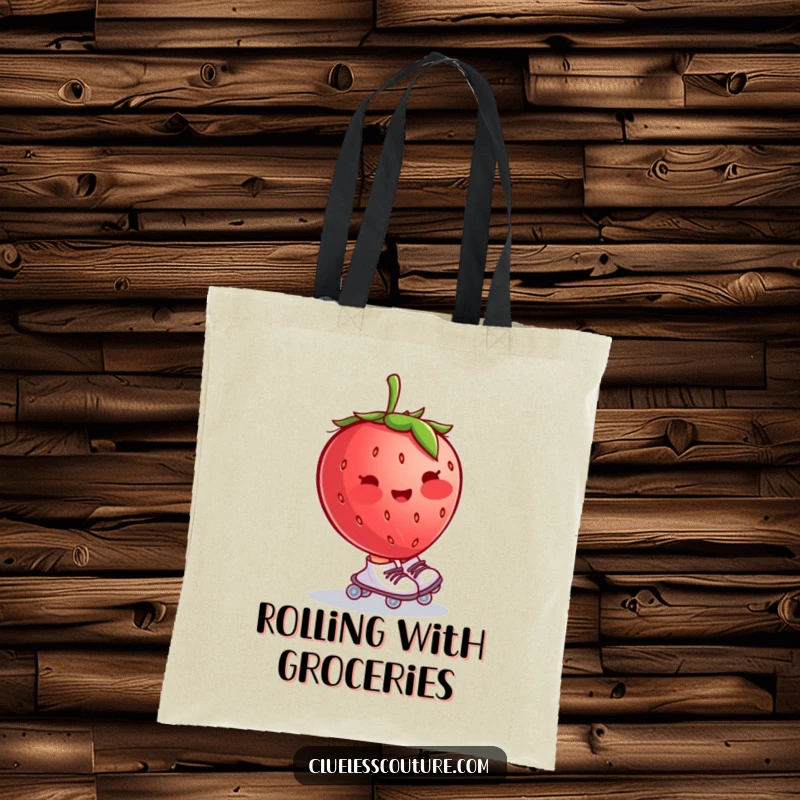 Funny tote bag showing a blushing strawberry wearing tiny roller skates and wobbling uncontrollably, great for carrying items with a fruity theme.