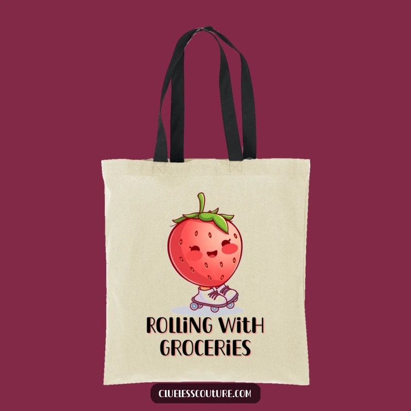 Funny Blushing Strawberry Roller Skates Tote Bag, Chic Fruity Accessory