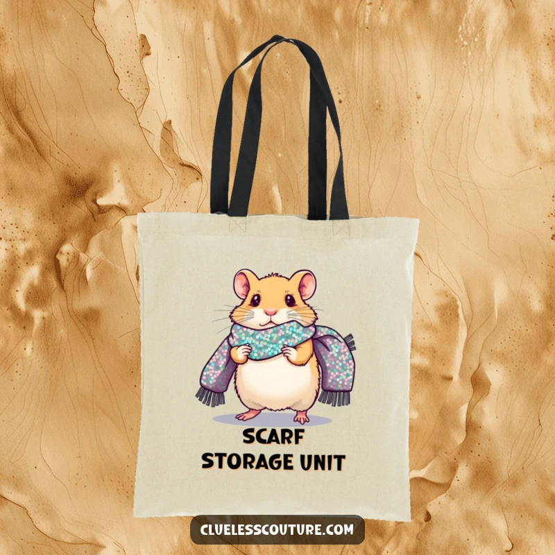 Funny tote bag with a nervous hamster strutting a fashion runway, wearing a giant sequined scarf, a stylish and humorous accessory.